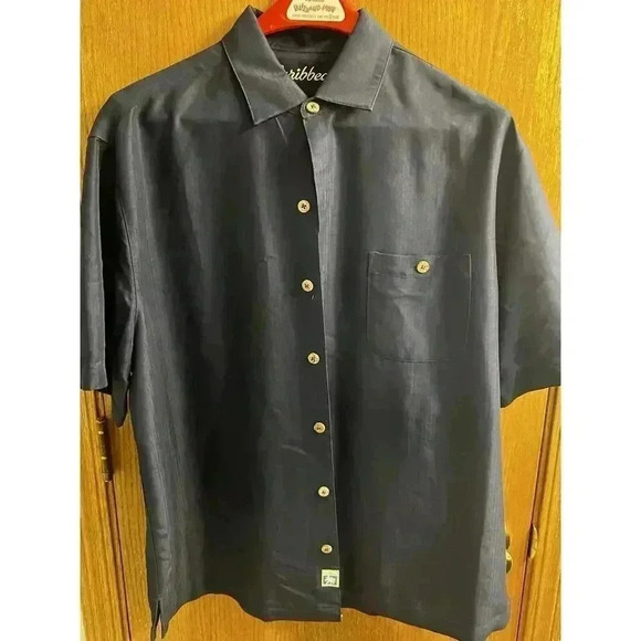 Caribbean Men’s Button Down Bourbon Embroidery Short Sleeve SZ L Mint - Picture 1 of 5